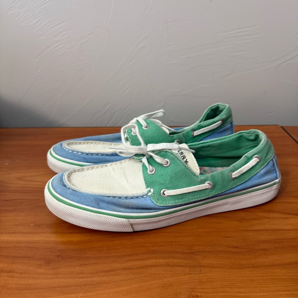 Sperry Top Sider Biscayne Blue Green White Canvas Boat‎ Shoe Slip On Casual 9.5